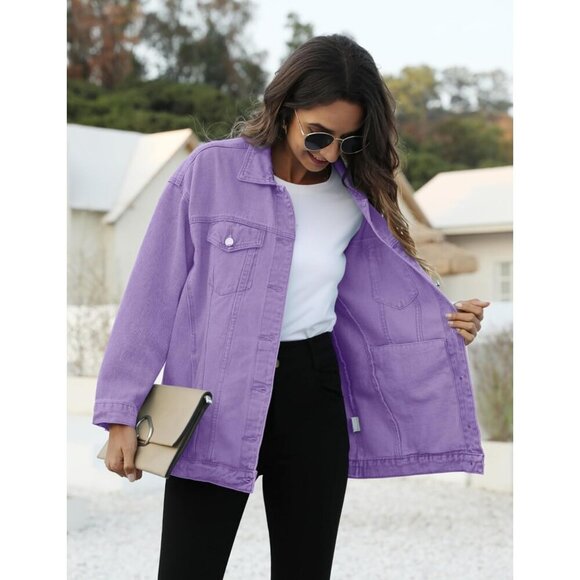 Women's Oversized Mid Long Denim Jacket Jean Biker Coat Long Sleeves Purple - Picture 3 of 7
